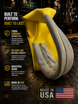 Yellow tree saver tow strap with braided gray sleeve and strength text