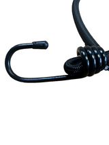 Close-up of black plastic-coated steel hook with protective end cap