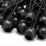 Close-up of black elastic ball bungee tie-downs with molded ball ends