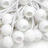 Close-up of white elastic ball bungee tie-downs with molded ball ends on cords