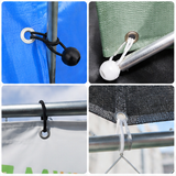Elastic ball bungee tie-down cord securing a tarp to a metal pole with ball end