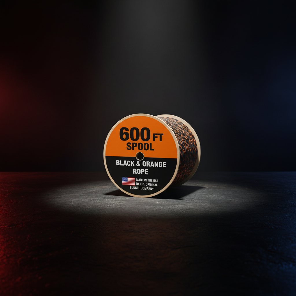 600 ft spool end view of black and orange braided bungee rope on reel