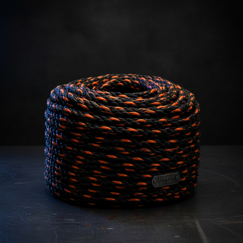 Black and orange bungee rope spool with woven, braided texture.