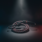 Bungee cord assembly with hooks, black cord with red speckles