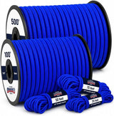 Blue 6mm (1/4 inch) polypropylene bungee cord in cut lengths and 500 ft spool
