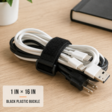 1 inch by 16 inch black cinch strap with plastic buckle organizing small cables