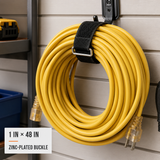 1 inch by 48 inch black cinch strap with zinc-plated buckle organizing a large extension cord