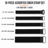 10-piece assorted black hook-and-loop cinch strap set showing five sizes and buckle types