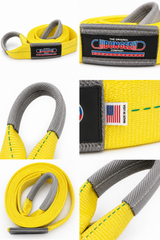 Yellow tow strap coil with gray loops and black brand label