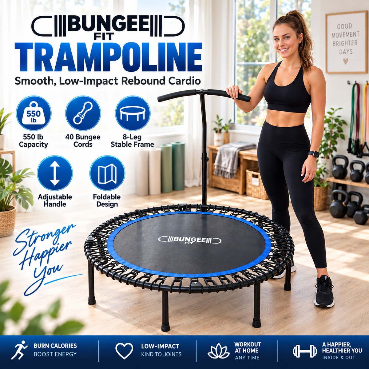 Bungee Fit Studio-grade bungee rebounder, 47.5-Inch Fitness Trampoline with Handlebar, , 40 cords, 8-leg frame, adjustable handle, 550 lb capacity