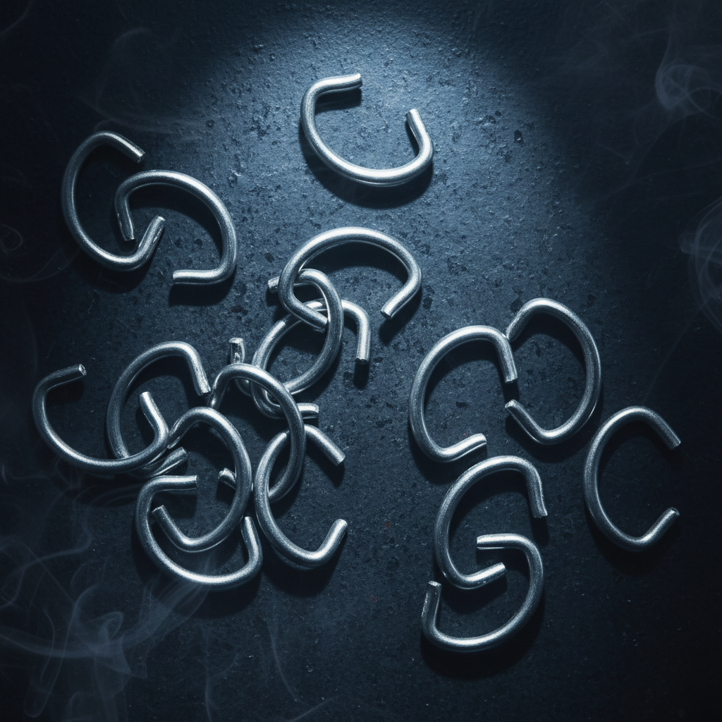 Metal hog rings scattered, silver U-shaped clips