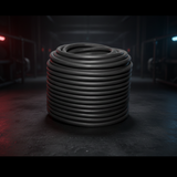 Dark rubber elastic cord spool, tightly coiled on a round reel