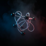 Ball bungee assembly set with blue-and-white cords and red end balls