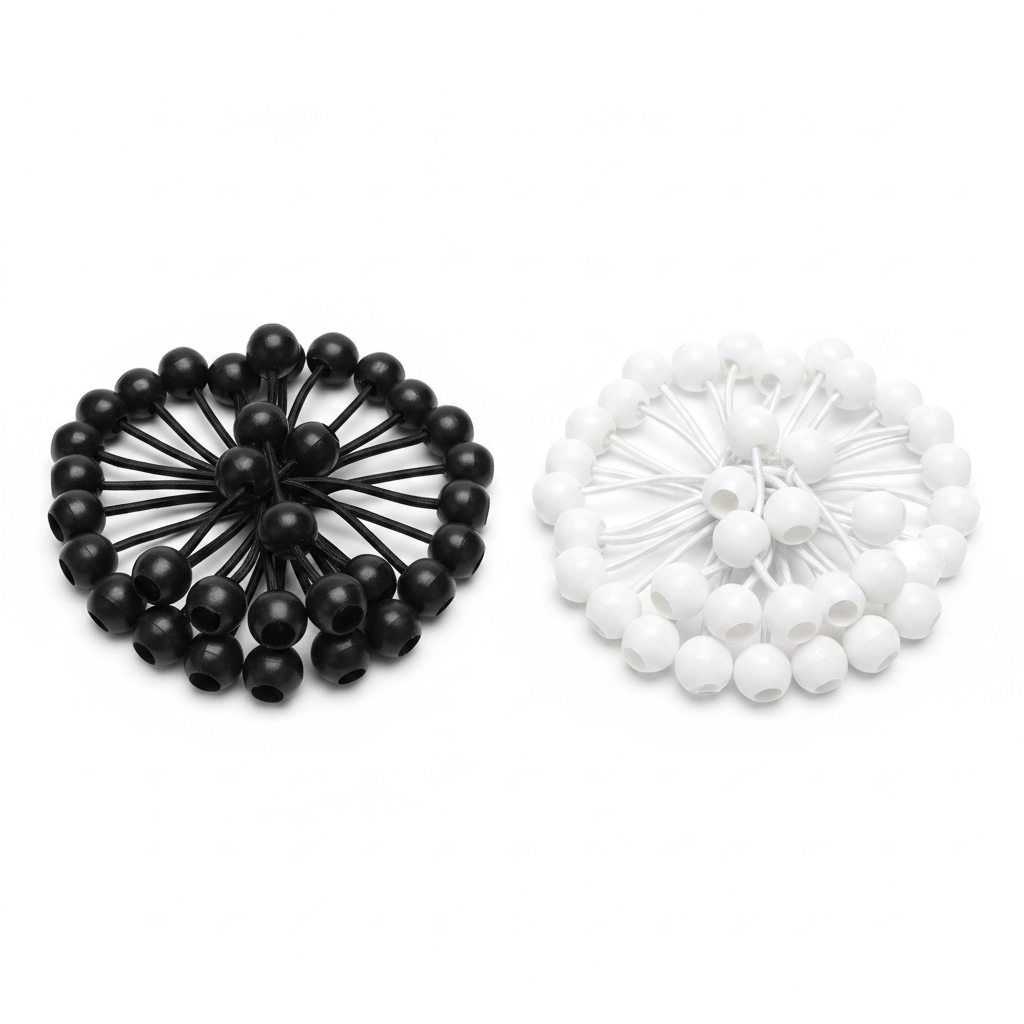 6-inch ball bungee tie-downs in black and white sets, each with elastic cord and ball tips