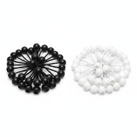 Ball bungee ties bundle with black and white spherical ends and elastic cords