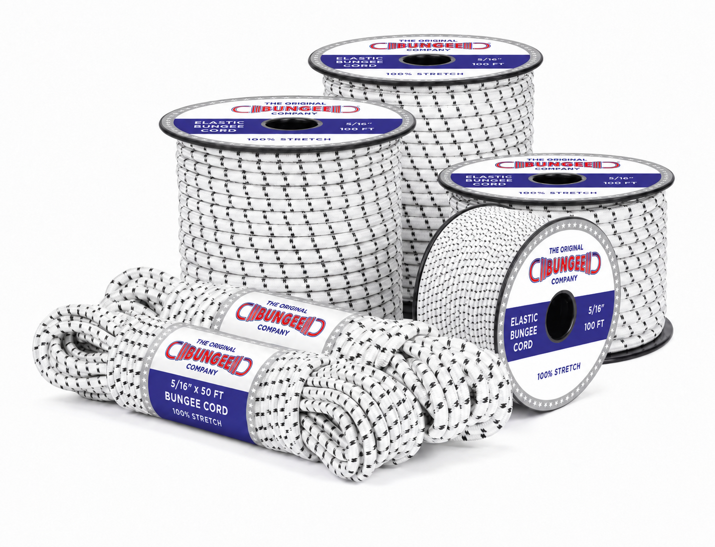 Multiple white bungee cord spools and coiled cord with blue branded labels