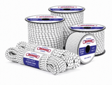 Multiple white bungee cord spools and coiled cord with blue branded labels