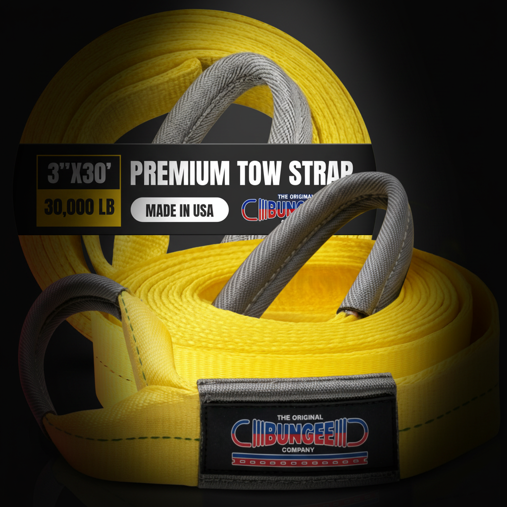 Premium heavy-duty tow strap roll with yellow webbing and gray reinforced loop