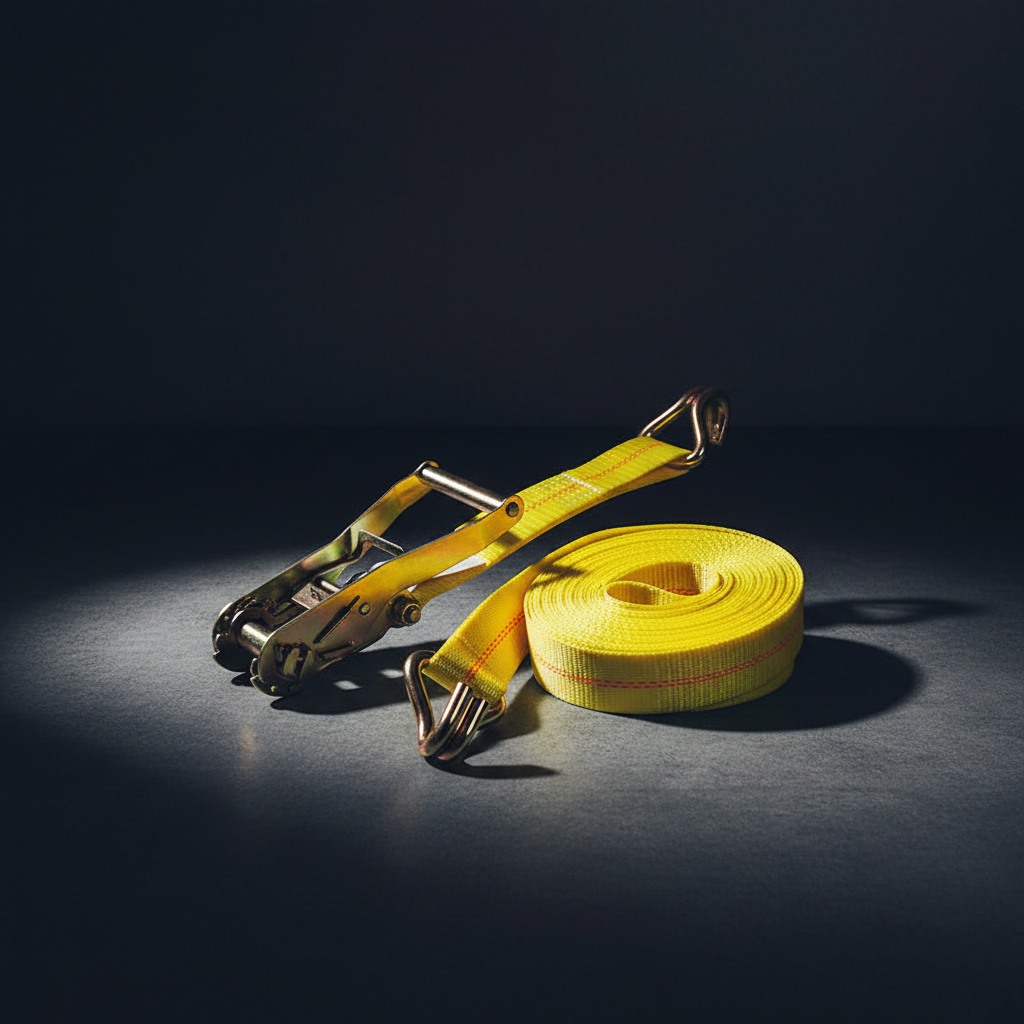 Yellow ratchet strap with metal ratchet, hook ends, and coiled webbing.