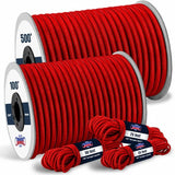 Red 6mm (1/4 inch) polypropylene bungee cord in cut lengths and 500 ft spool