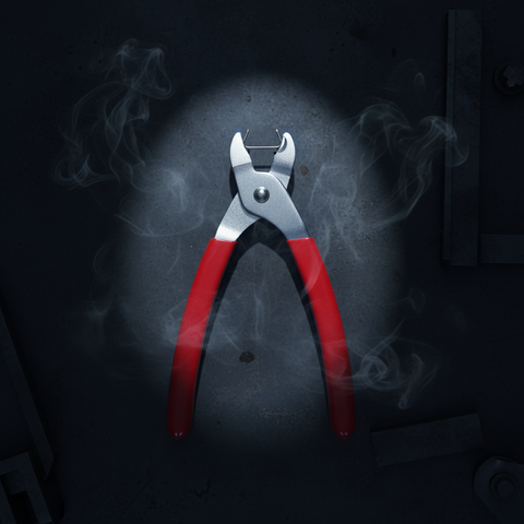 Crimping pliers with red insulated handles and steel head, centered front view