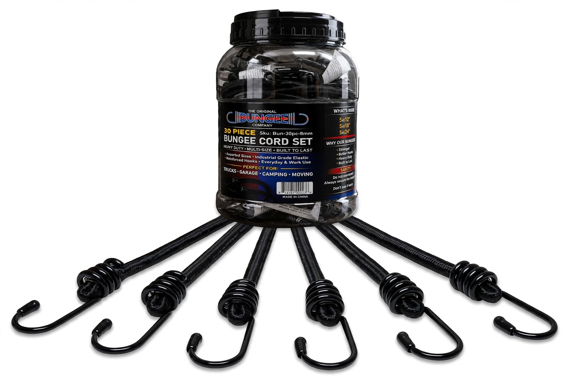 30-Piece Heavy-Duty 8mm Bungee Cord Assortment