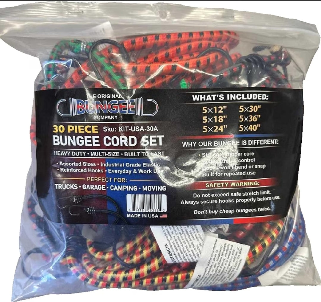 Made in USA 30-Piece Bungee Cord Set, 8 mm, 12–40 in