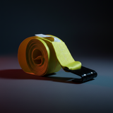 Yellow winch strap with flat black hook, rolled spool for vehicle cargo control