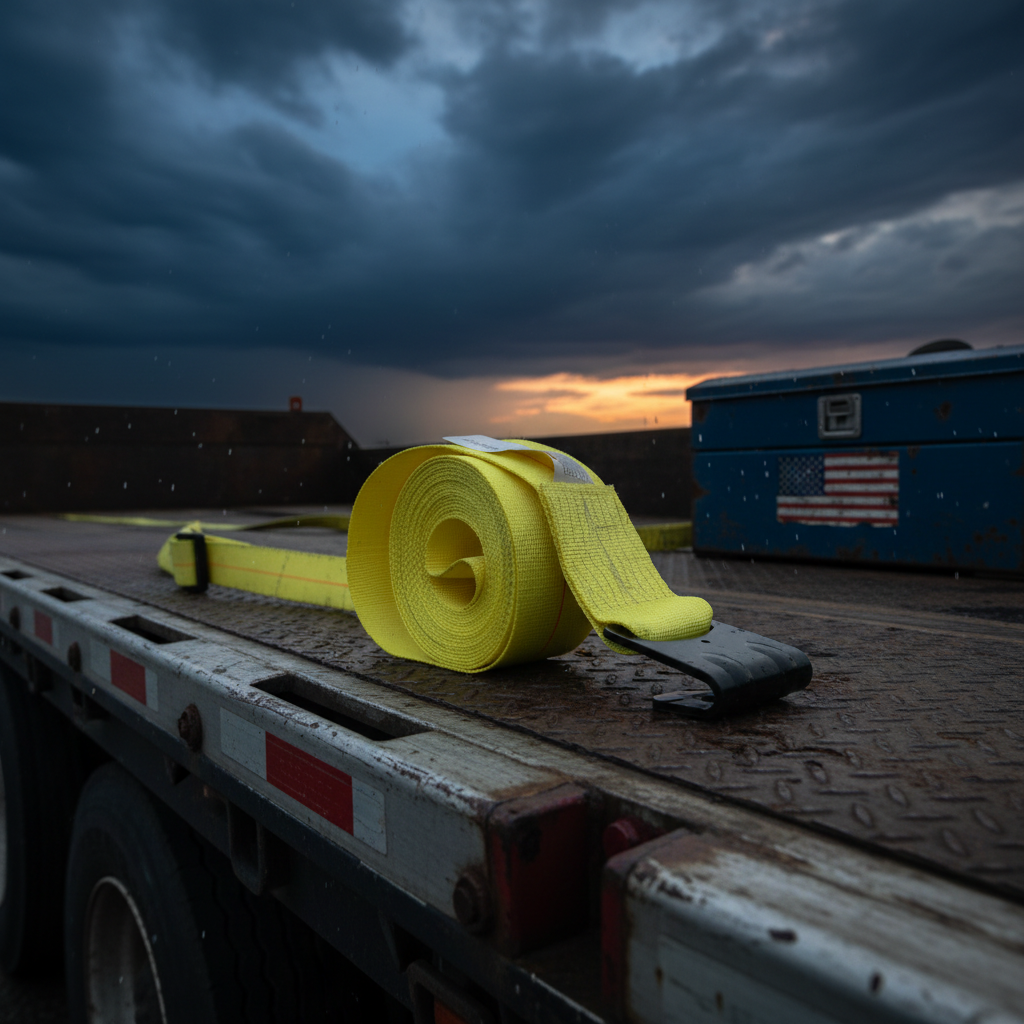Rolled yellow winch strap with black flat hook, webbing loop end