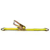 Yellow ratchet tie-down strap with metal ratchet and hooks, 2 in wide.