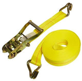 Yellow heavy-duty ratchet strap kit with metal ratchet, hooks, and coiled webbing.