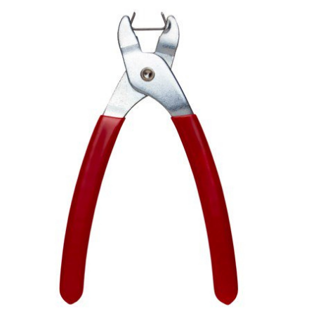 Red-and-silver crimping pliers with arched jaws and spring-loaded handle