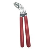 Crimping pliers with silver jaws and red insulated handles, side view