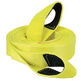 Vehicle recovery strap with loop, yellow webbing and black reinforced ends