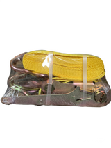 Yellow ratchet strap assembly with metal buckle and 4 in webbing, 30 ft length