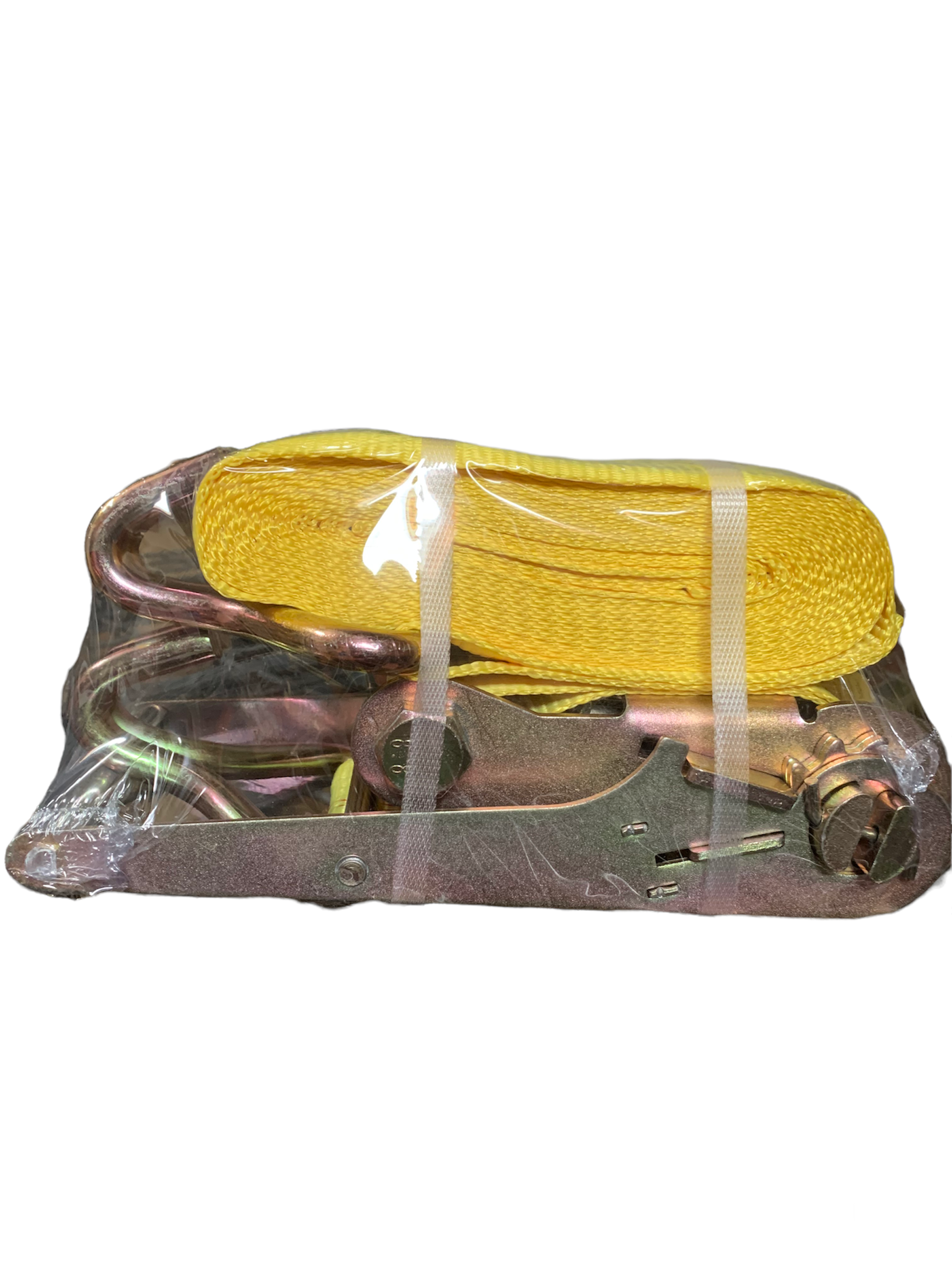 Yellow ratchet strap assembly with metal buckle and 4 in webbing, 30 ft length